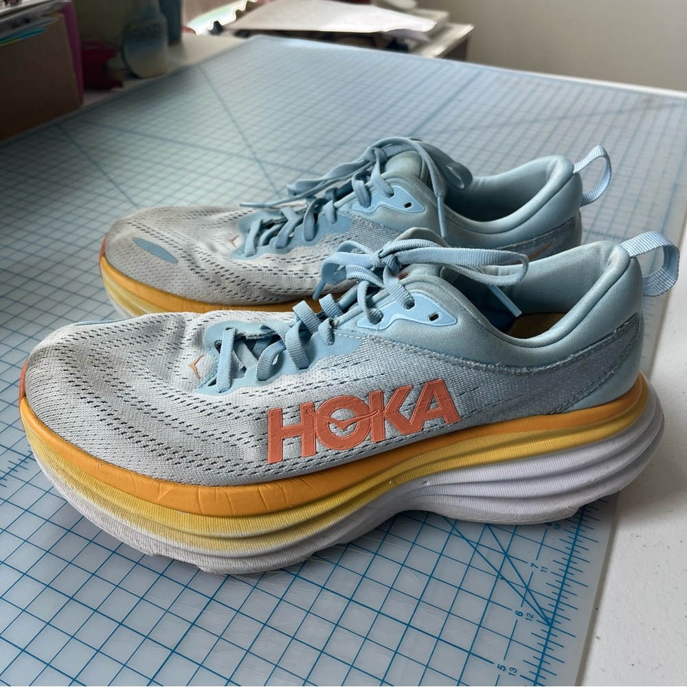 Hoka Bondi 8 Womens 9.5 Wide D Light Blue and Yellow Athletic Sneakers